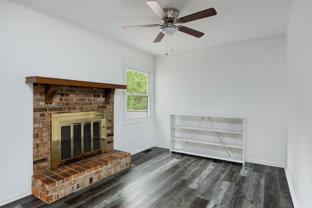 11306 Hixson Pike, Soddy Daisy, TN 37379 - unfurnished living room with wood finished floors, a ceiling fan, baseboards, and a brick fireplace