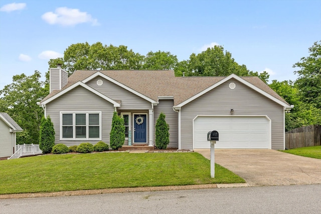 6837 Benwood Dr, Ooltewah, TN 37363 - ranch-style home featuring driveway, an attached garage, a chimney, and a shingled roof