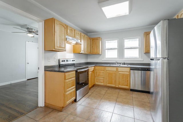 1641 John Ross Rd, Chattanooga, TN 37412 - kitchen featuring appliances with stainless steel finishes, under cabinet range hood, a sink, dark countertops, and a ceiling fan