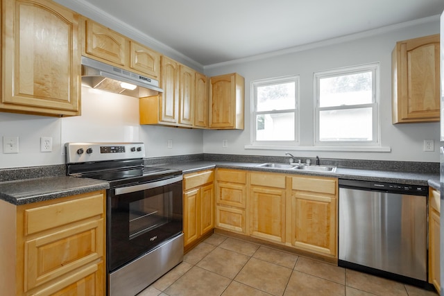 1641 John Ross Rd, Chattanooga, TN 37412 - kitchen featuring appliances with stainless steel finishes, under cabinet range hood, a sink, light tile patterned floors, and dark countertops