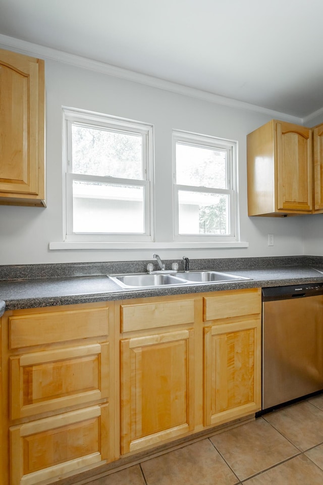 1641 John Ross Rd, Chattanooga, TN 37412 - kitchen with dishwasher, a sink, light tile patterned floors, dark countertops, and ornamental molding