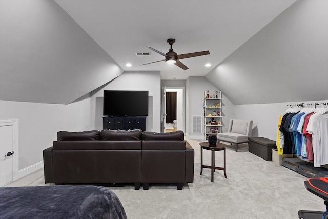 carpeted bedroom featuring vaulted ceiling, a ceiling fan, baseboards, and recessed lighting