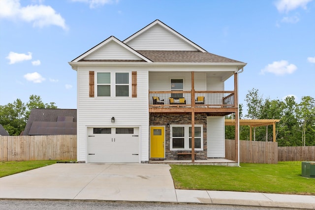116 Paxtons Way, Ringgold, GA 30736 - view of front of property featuring a garage, a balcony, concrete driveway, stone siding, and a shingled roof