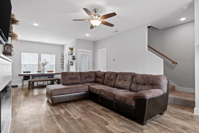 116 Paxtons Way, Ringgold, GA 30736 - living room featuring stairs, wood finished floors, ceiling fan, recessed lighting, and a fireplace