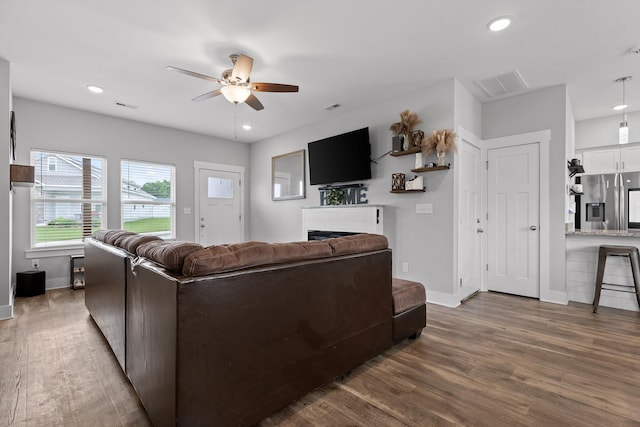116 Paxtons Way, Ringgold, GA 30736 - living area featuring a ceiling fan, a fireplace, wood finished floors, and recessed lighting
