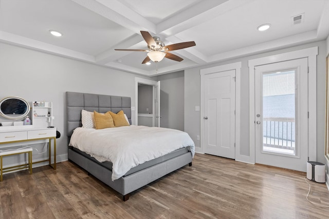 116 Paxtons Way, Ringgold, GA 30736 - bedroom with coffered ceiling, wood finished floors, access to outside, beamed ceiling, and a ceiling fan