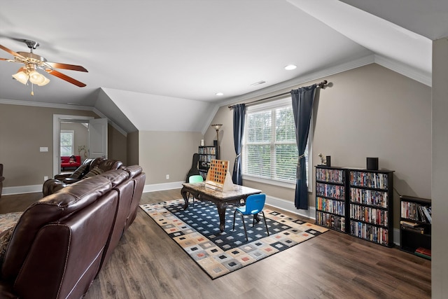 8109 Propeller Dr, Ooltewah, TN 37363 - living area featuring lofted ceiling, wood finished floors, baseboards, ceiling fan, and crown molding