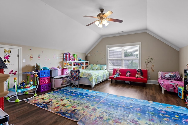 8109 Propeller Dr, Ooltewah, TN 37363 - bedroom featuring wood finished floors, lofted ceiling, and a ceiling fan