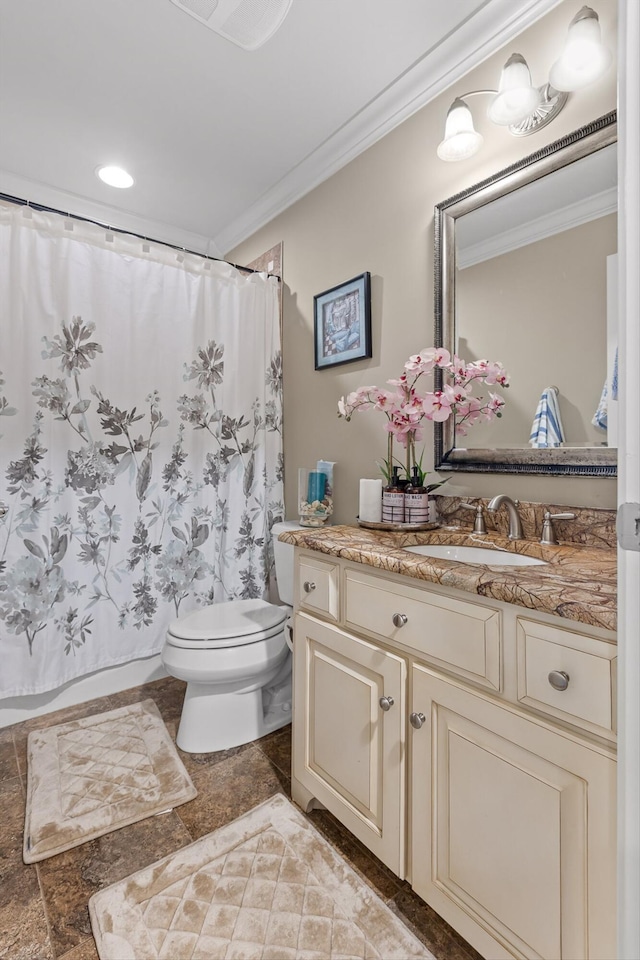 8109 Propeller Dr, Ooltewah, TN 37363 - bathroom with ornamental molding, toilet, vanity, curtained shower, and recessed lighting