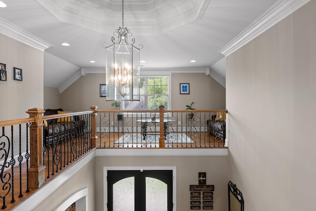 8109 Propeller Dr, Ooltewah, TN 37363 - interior space with a chandelier, ornamental molding, an upstairs landing, recessed lighting, and lofted ceiling