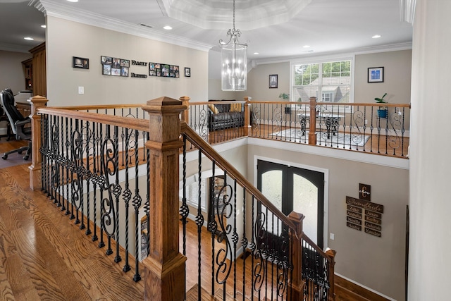 8109 Propeller Dr, Ooltewah, TN 37363 - staircase featuring wood finished floors, crown molding, a chandelier, and recessed lighting