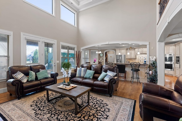 8109 Propeller Dr, Ooltewah, TN 37363 - living room with arched walkways, a towering ceiling, plenty of natural light, light wood-type flooring, and ornamental molding