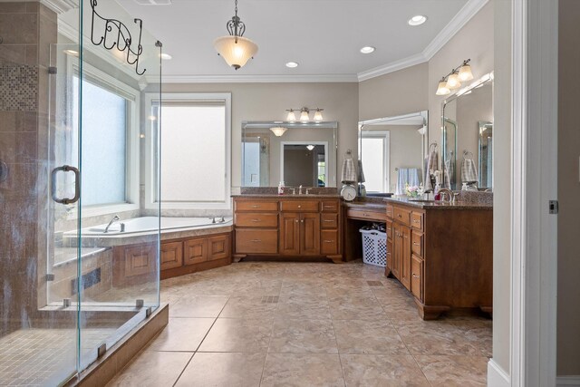 8109 Propeller Dr, Ooltewah, TN 37363 - bathroom featuring plenty of natural light, a shower stall, a garden tub, ornamental molding, and recessed lighting