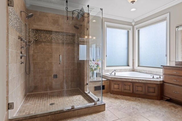 8109 Propeller Dr, Ooltewah, TN 37363 - bathroom featuring ornamental molding, a shower stall, and a garden tub