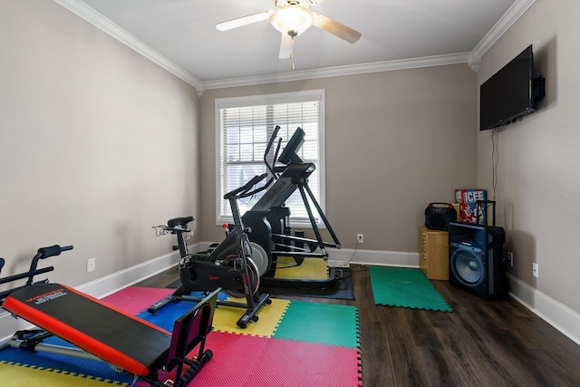 8109 Propeller Dr, Ooltewah, TN 37363 - exercise room with ornamental molding, wood finished floors, a ceiling fan, and baseboards