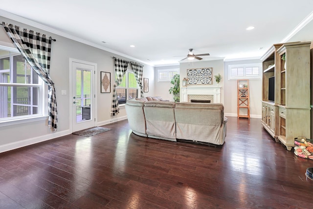 5479 Amber Grove Way, Hixson, TN 37343 - living area featuring a ceiling fan, a fireplace, crown molding, dark wood finished floors, and baseboards