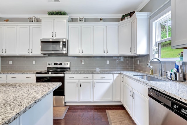 5479 Amber Grove Way, Hixson, TN 37343 - kitchen featuring stainless steel appliances, a sink, white cabinets, crown molding, and light stone counters
