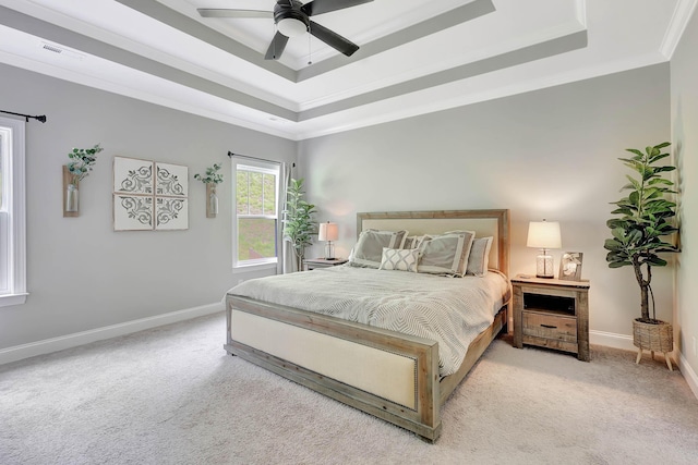 5479 Amber Grove Way, Hixson, TN 37343 - bedroom featuring a tray ceiling, carpet floors, baseboards, crown molding, and ceiling fan