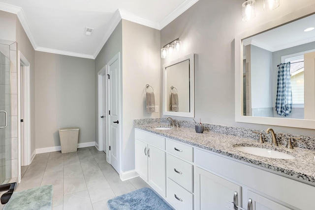 5479 Amber Grove Way, Hixson, TN 37343 - bathroom featuring ornamental molding, double vanity, baseboards, a shower with door, and tile patterned flooring