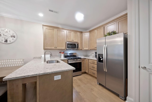 kitchen with appliances with stainless steel finishes, a sink, a peninsula, light brown cabinetry, and ornamental molding
