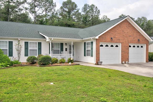 ranch-style home with a porch, a garage, concrete driveway, a front yard, and a shingled roof