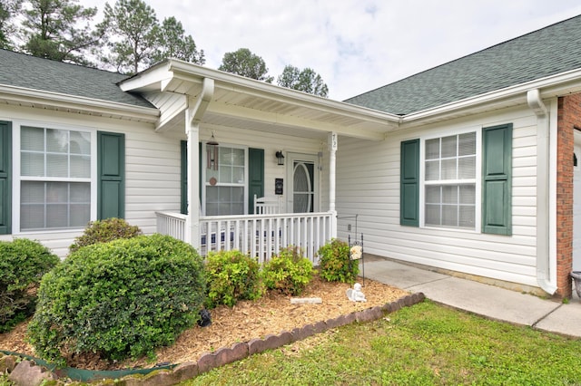 entrance to property featuring a porch and roof with shingles