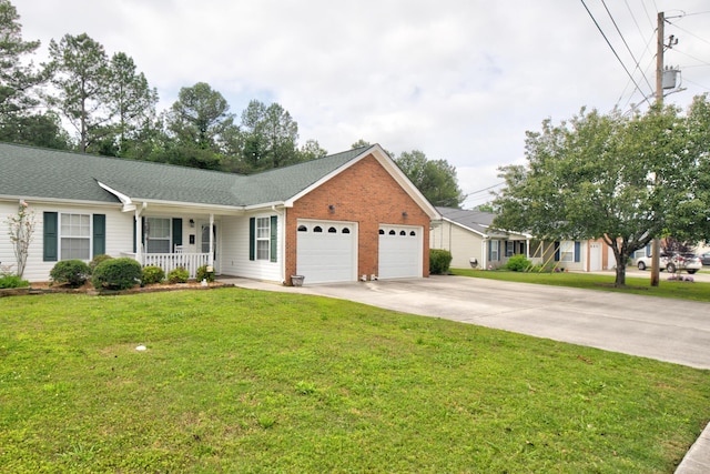 ranch-style home with covered porch, an attached garage, driveway, brick siding, and a front yard