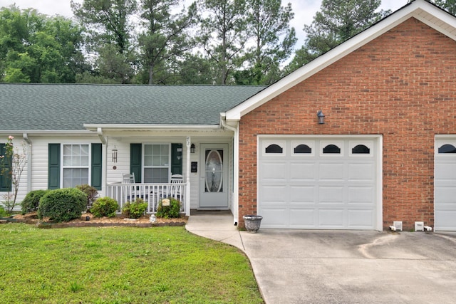 single story home featuring driveway, covered porch, brick siding, and a garage