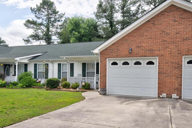 ranch-style house with driveway, covered porch, a front yard, brick siding, and an attached garage