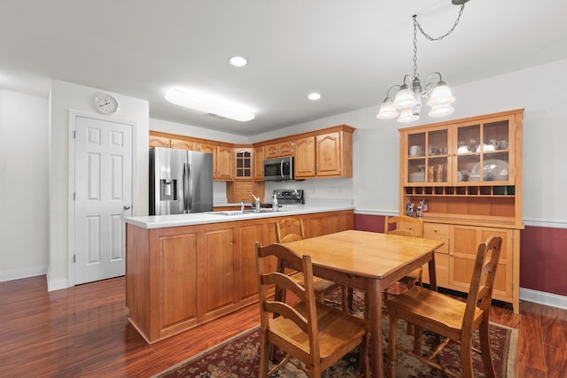 kitchen with appliances with stainless steel finishes, a peninsula, glass insert cabinets, dark wood-style flooring, and a sink