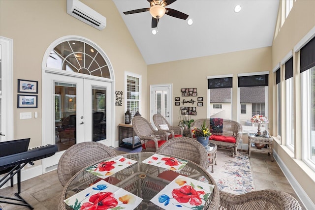 362 Windmill Ln, Georgetown, TN 37336 - sunroom / solarium with french doors, an AC wall unit, high vaulted ceiling, plenty of natural light, and recessed lighting