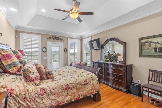 362 Windmill Ln, Georgetown, TN 37336 - bedroom featuring a tray ceiling, access to exterior, light wood-type flooring, ornamental molding, and recessed lighting