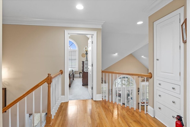 362 Windmill Ln, Georgetown, TN 37336 - hall with light wood-style floors, ornamental molding, baseboards, an upstairs landing, and recessed lighting