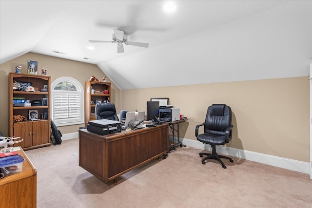 362 Windmill Ln, Georgetown, TN 37336 - home office featuring carpet floors, vaulted ceiling, a ceiling fan, and baseboards