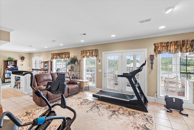 362 Windmill Ln, Georgetown, TN 37336 - exercise room with light tile patterned flooring, recessed lighting, ornamental molding, and baseboards