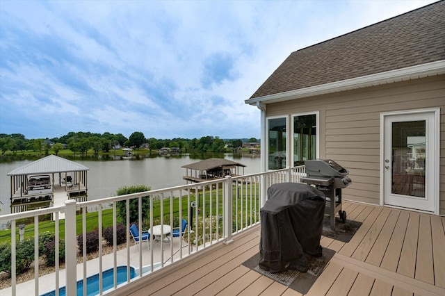 362 Windmill Ln, Georgetown, TN 37336 - deck featuring a water view, boat lift, a dock, and area for grilling