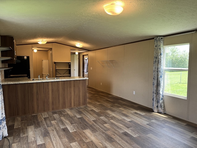 312 Brandon Cir # 27, Chatsworth, GA 30705 - kitchen featuring dark wood-style flooring, a peninsula, a textured ceiling, vaulted ceiling, and a sink