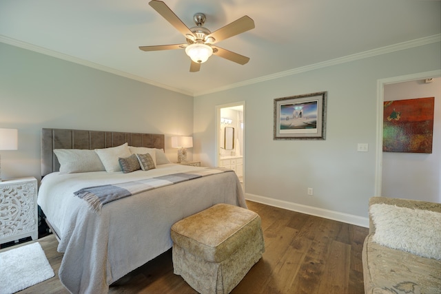 7830 Legacy Park Ct, Chattanooga, TN 37421 - bedroom featuring dark wood-style floors, ornamental molding, baseboards, ensuite bathroom, and a ceiling fan