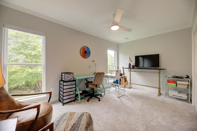 7830 Legacy Park Ct, Chattanooga, TN 37421 - carpeted home office with ornamental molding, baseboards, and a ceiling fan