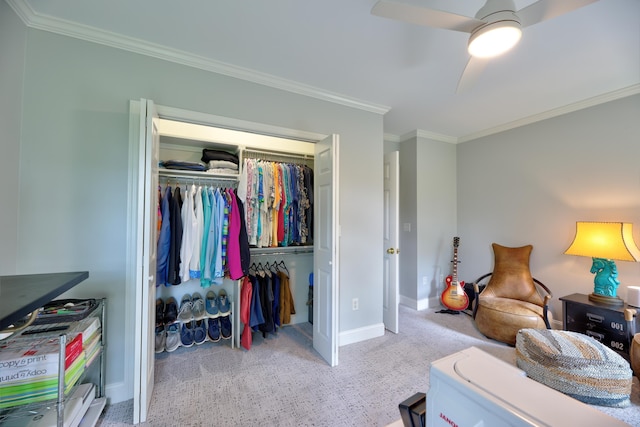 7830 Legacy Park Ct, Chattanooga, TN 37421 - bedroom featuring carpet, crown molding, a closet, baseboards, and ceiling fan