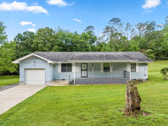 2126 Millard Rd, Soddy Daisy, TN 37379 - ranch-style home with covered porch, an attached garage, concrete driveway, a front lawn, and crawl space