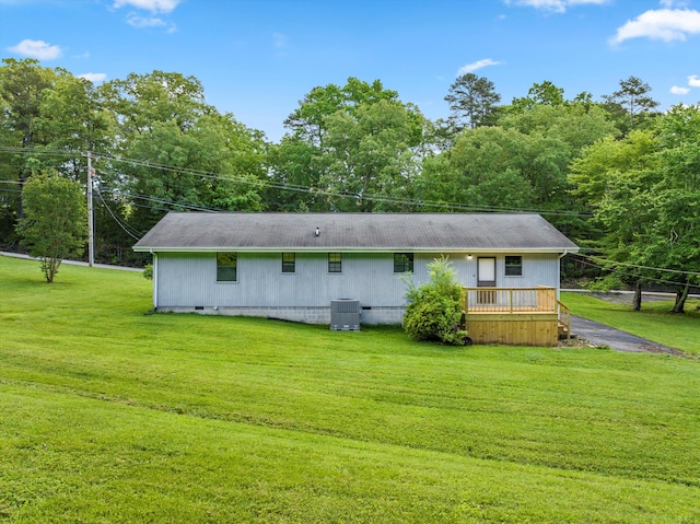 2126 Millard Rd, Soddy Daisy, TN 37379 - back of house featuring central AC, crawl space, a yard, and a wooden deck