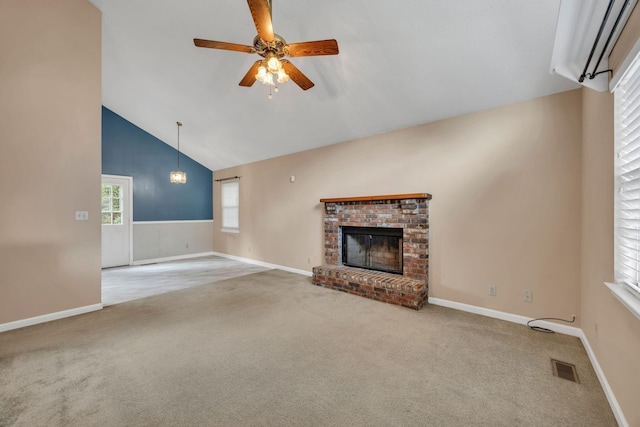 216 Longview Dr, Rossville, GA 30741 - unfurnished living room featuring carpet floors, a fireplace, a ceiling fan, lofted ceiling, and baseboards