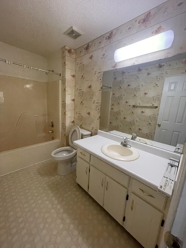 6206 Sagefield Dr, Harrison, TN 37341 - full bathroom with wallpapered walls, tile patterned floors, toilet, vanity, and shower / tub combination