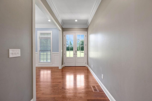 5820 Trion Teloga Rd, Summerville, GA 30747 - doorway with french doors, wood finished floors, ornamental molding, recessed lighting, and baseboards