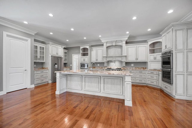 5820 Trion Teloga Rd, Summerville, GA 30747 - kitchen featuring open shelves, stainless steel appliances, light wood-style floors, a center island with sink, and recessed lighting