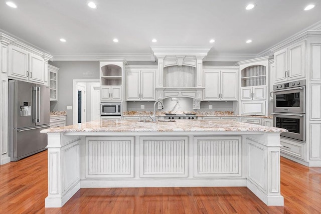 5820 Trion Teloga Rd, Summerville, GA 30747 - kitchen featuring open shelves, stainless steel appliances, a sink, light wood-type flooring, and ornamental molding