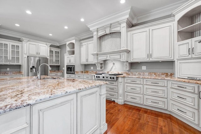 5820 Trion Teloga Rd, Summerville, GA 30747 - kitchen featuring a sink, stainless steel appliances, crown molding, glass insert cabinets, and recessed lighting