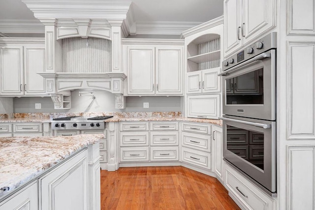 5820 Trion Teloga Rd, Summerville, GA 30747 - kitchen with appliances with stainless steel finishes, white cabinets, open shelves, light wood-style floors, and light stone counters
