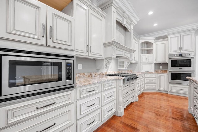 5820 Trion Teloga Rd, Summerville, GA 30747 - kitchen with appliances with stainless steel finishes, white cabinets, open shelves, crown molding, and recessed lighting